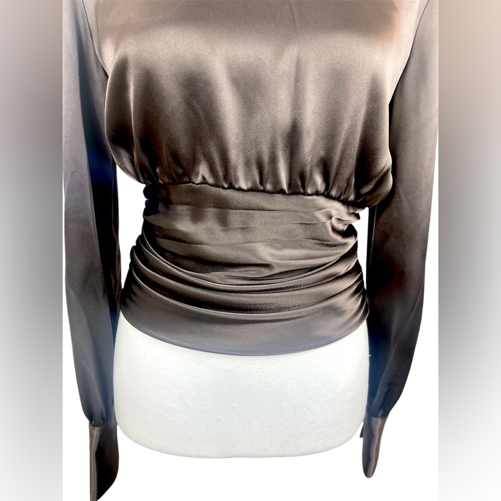 Aritzia Babaton Chocolate Brown Rosalia Ruched Satin Elegant Blouse Mock Neck - Picture 2 of 14
